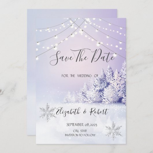 Violet Winter Forest Sneeuwlampjes sparen de datum Save The Date (Voorkant / Achterkant)