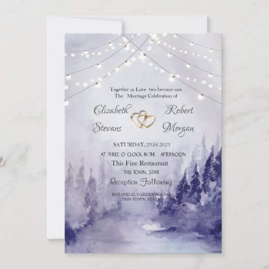 Violet Winter Landschap Sneeuw Lichten Bruiloft Kaart (Voorkant)