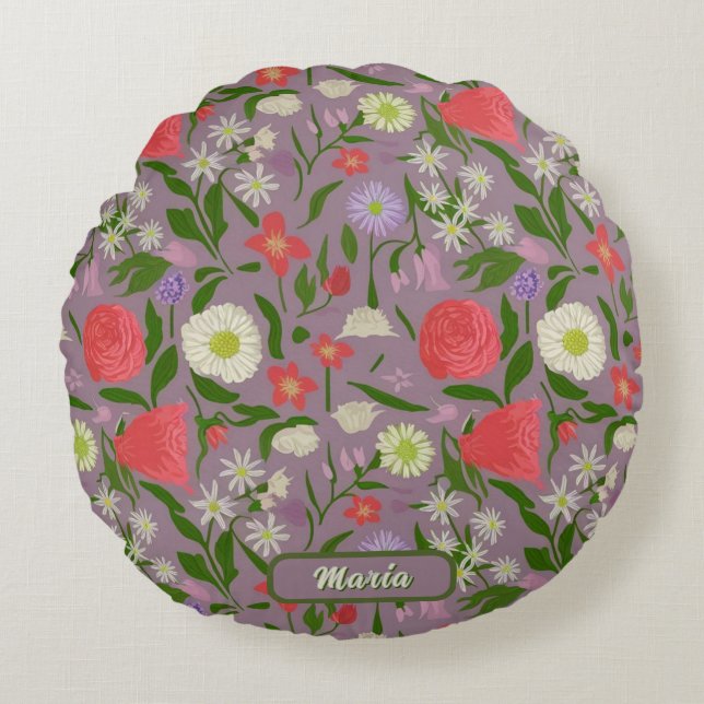 Violet witte en roze bloemen rond kussen (Voorkant)