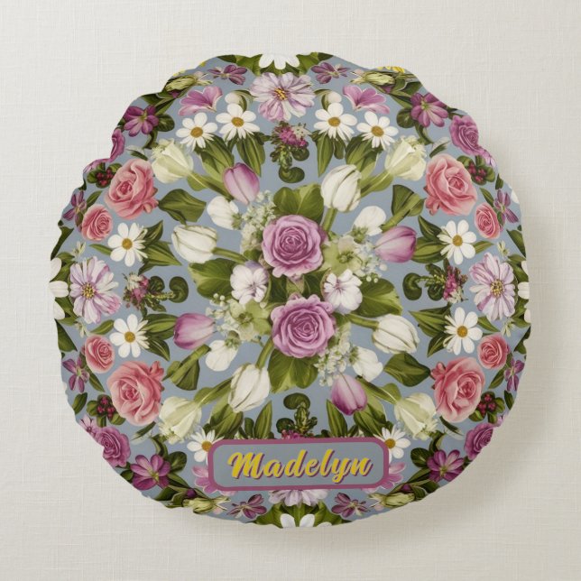 Violet witte en roze bloemen rond kussen (Voorkant)