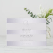 Violet Zilver Glans Strepen Monogram2 Save The Date (Staand voorkant)