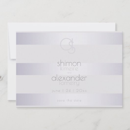 Violet Zilveren Glans Strepen Monogram2 Save The Date (Voorkant)