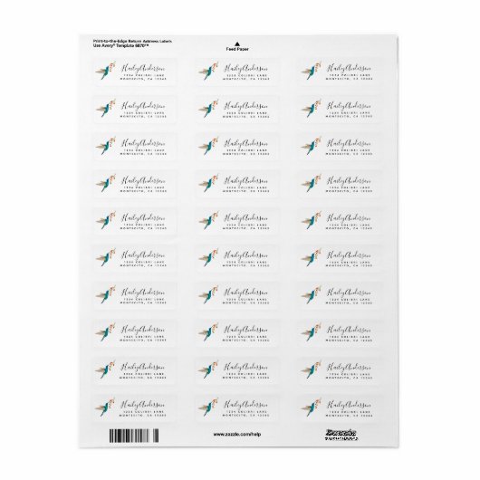 Violetar Hummingbird return address Label (Full Sheet)