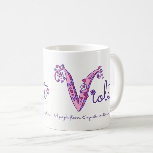 Violetnaam die decoratieve V-monogram-mok betekent Koffiemok (Voorkant rechts)
