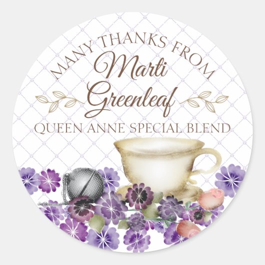 Violets theepot theekopje hand blend thee geperson ronde sticker (Voorkant)