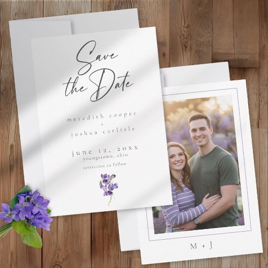 Violets Watercolor Minimal Elegant Wedding Photo Save The Date
