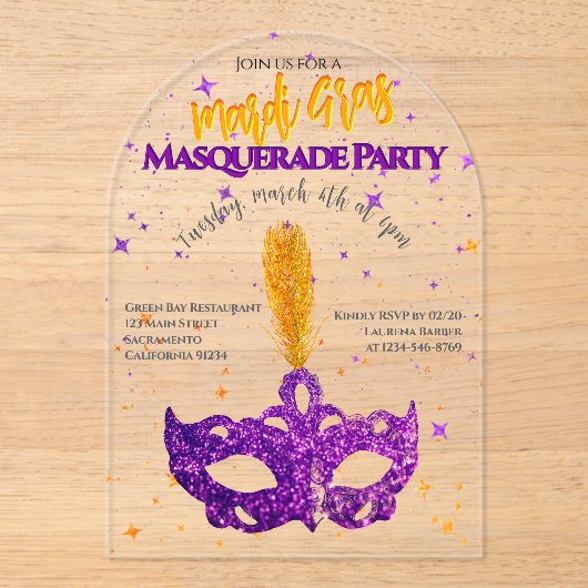 Violette en Oranje Sparkles Mask Mardi Gras Party Acryl Uitnodigingen (Voorkant)