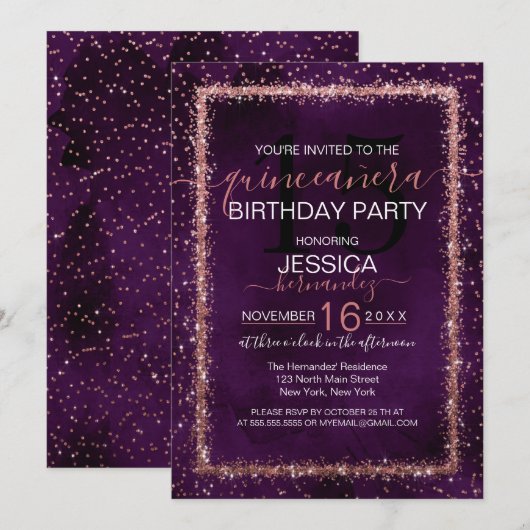 Violette Roos Goud Strooide Confetti Quinceañera Kaart (Voorkant / Achterkant)