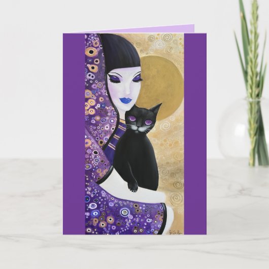 Violette vrouw en kat grillige kunst kaart (Voorkant)