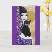 Violette vrouw en kat grillige kunst kaart (Gele Bloem)