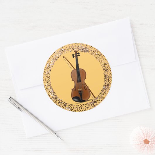 Violin and Bow, glitter lijst, Ronde Sticker (Envelop)