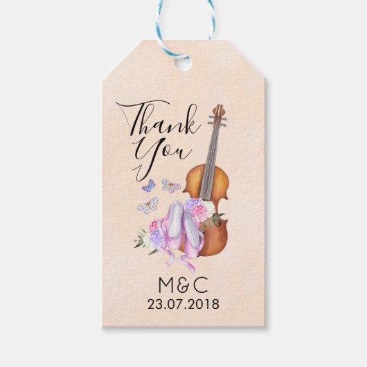 Violin, balletschoenen, bloemen en vlinders cadeaulabel (Voorkant)