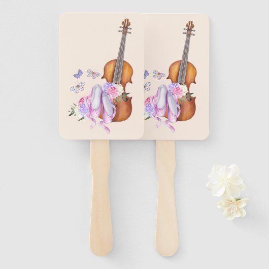 Violin, balletschoenen, bloemen en vlinders handwaaier (Voorkant en achterkant)