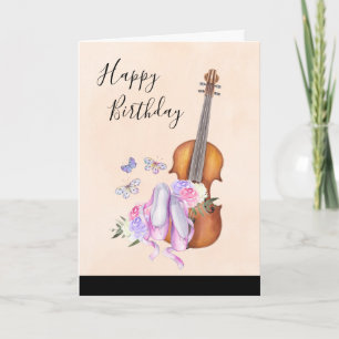 Violin, balletschoenen, bloemen en vlinders kaart