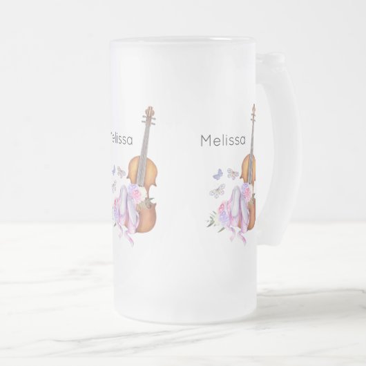Violin, balletschoenen, bloemen en vlinders matglas bierpul (Voorkant rechts)