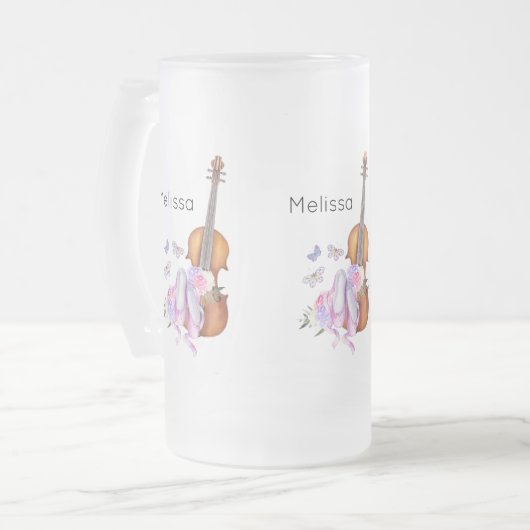 Violin, balletschoenen, bloemen en vlinders matglas bierpul (Voorkant links)