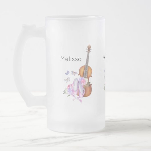 Violin, balletschoenen, bloemen en vlinders matglas bierpul (Links)