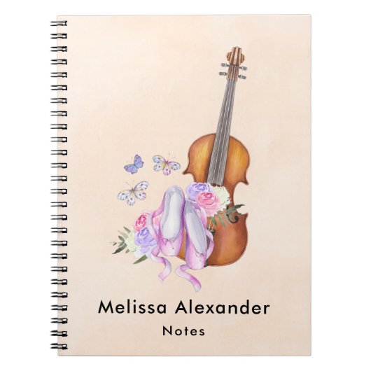 Violin, balletschoenen, bloemen en vlinders notitieboek (Voorkant)