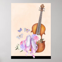 Violin, balletschoenen, bloemen en vlinders