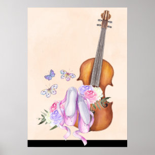 Violin, balletschoenen, bloemen en vlinders poster