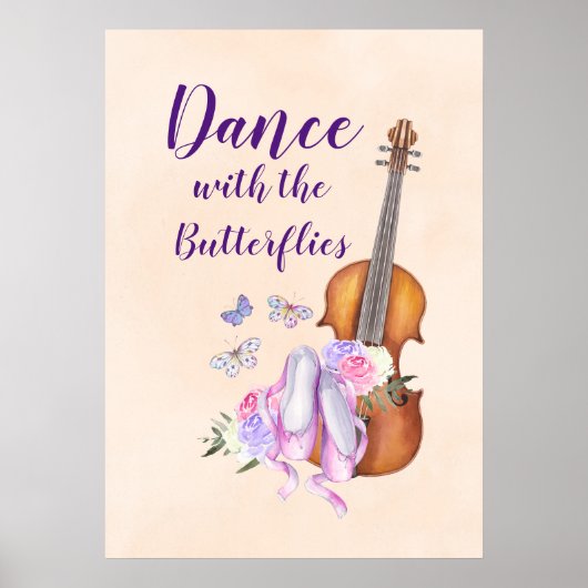 Violin, balletschoenen, bloemen en vlinders poster (Voorkant)