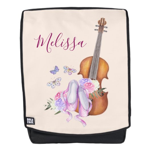 Violin, balletschoenen, bloemen en vlinders rugtassen (Voorkant)