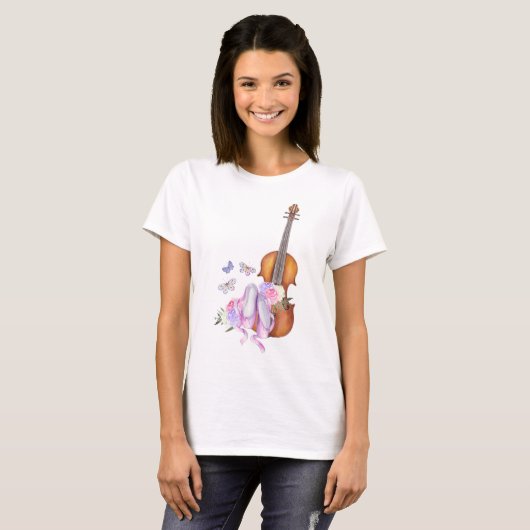 Violin, balletschoenen, bloemen en vlinders t-shirt (Voorkant volledig)
