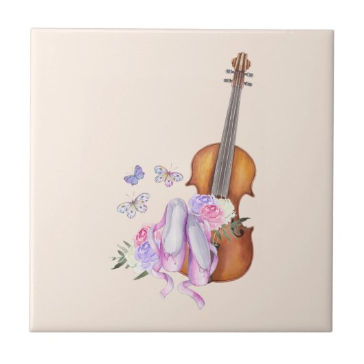 Violin, balletschoenen, bloemen en vlinders tegeltje (Voorkant)