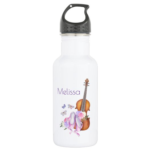 Violin, balletschoenen, bloemen en vlinders waterfles  (Voorkant)