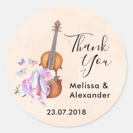 Violin, balletschoenen en Butterflies Wedding Ronde Sticker (Voorkant)