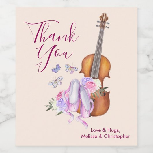Violin, balletschoenen en vlinders bedankt wijn etiket (Enkel label)
