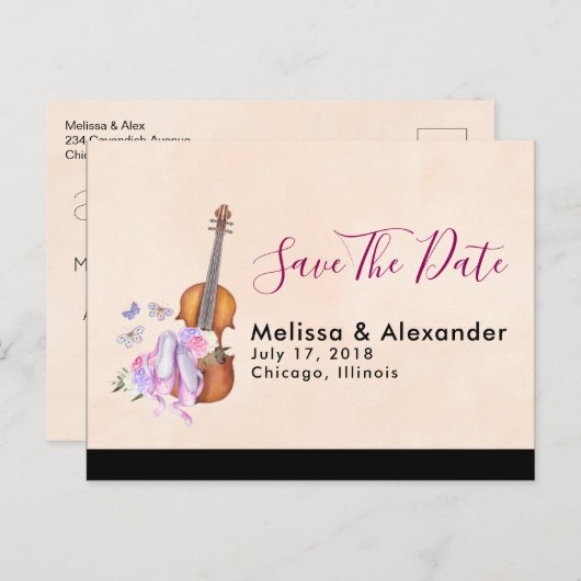 Violin, balletschoenen en vlinders sparen de datum aankondigingskaart (Voorkant / Achterkant)