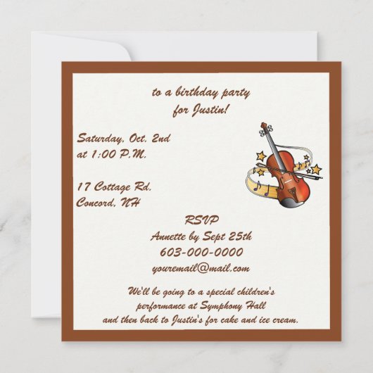 Violin Birthday Party Kaart (Achterkant)