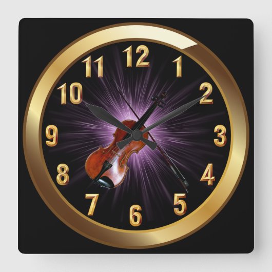 Violin~Classy Black Gold & Paarse Glow Background~ Vierkante Klok (Voorkant)
