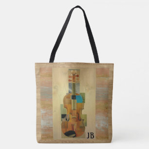 Violin Composition Wood Grain Effect met Initiaal Tote Bag
