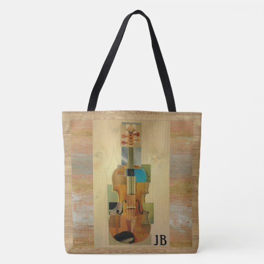 Violin Composition Wood Grain Effect met Initiaal Tote Bag (Voorkant)