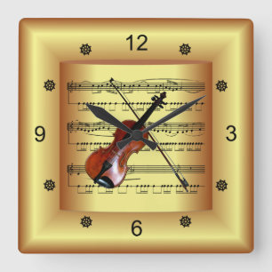 Violin ~ Curved Sheet Music ~ Gold Background ~  Vierkante Klok