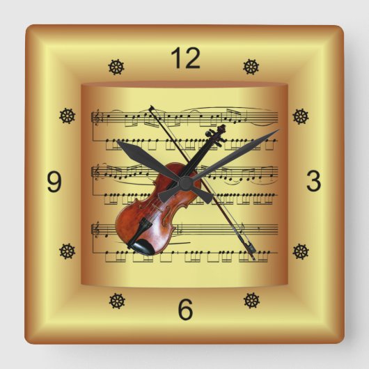 Violin ~ Curved Sheet Music ~ Gold Background ~ Vierkante Klok (Voorkant)