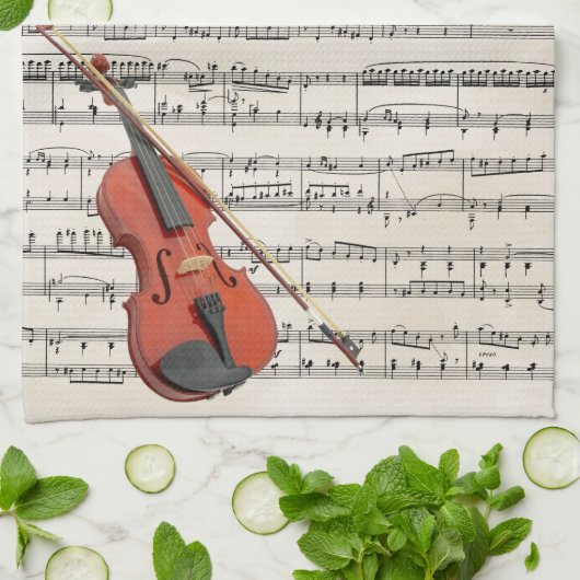 Violin en Rozen  muziekontwerp Theedoek (Gevouwen)