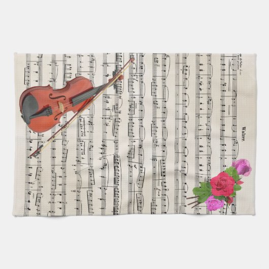 Violin en Rozen  muziekontwerp Theedoek (Horizontaal)