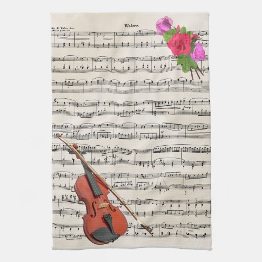 Violin en Rozen muziekontwerp Theedoek (Verticaal)