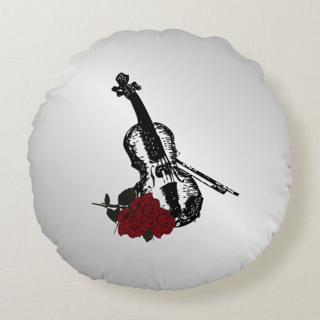 Violin en Rozen Silver Rond Kussen (Voorkant)