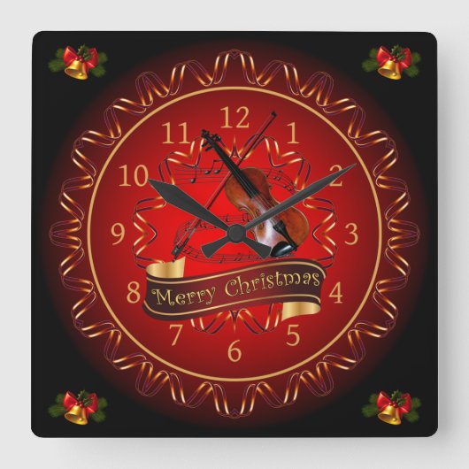 Violin ~ Merry Kerstmis ~ Maroon ~ Black ~ Vierkante Klok (Voorkant)