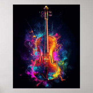 Violin met explosieve kleuren poster