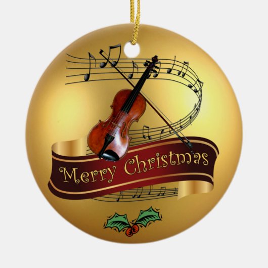 Violin ~ Musical Scroll ~ Gold ~ Merry Kerstmis ~ Keramisch Ornament (Voorkant)