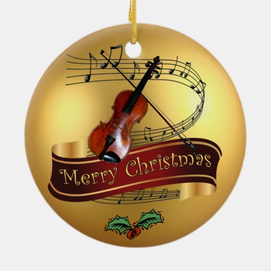 Violin ~ Musical Scroll ~ Gold ~ Merry Kerstmis ~ Keramisch Ornament (Achterkant)