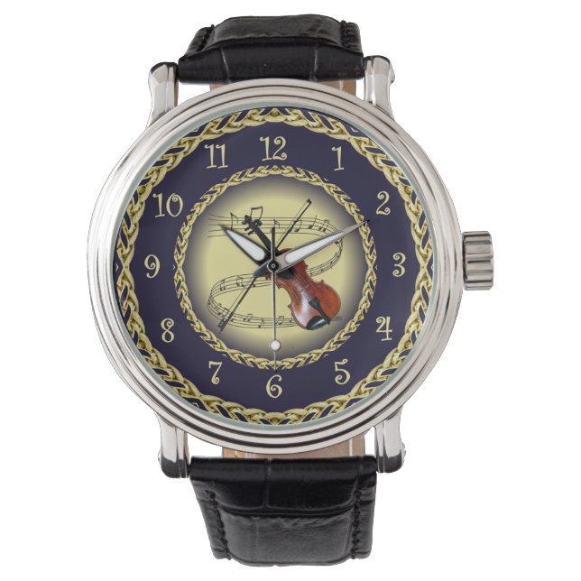 Violin ~ Musical Scroll ~ Gold/Navy Blue ~ ~ Horloge (Voorkant)