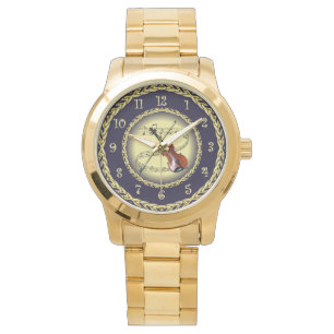Violin ~ Musical Scroll ~ Gold/Navy Blue ~ ~ Watc Horloge