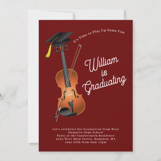 Violin Musician Graduation Party Music Invitation Kaart (Voorkant)