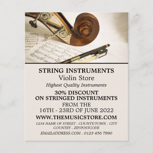 Violin Note Sheet, Musical Instrument Store Flyer (Voorkant)